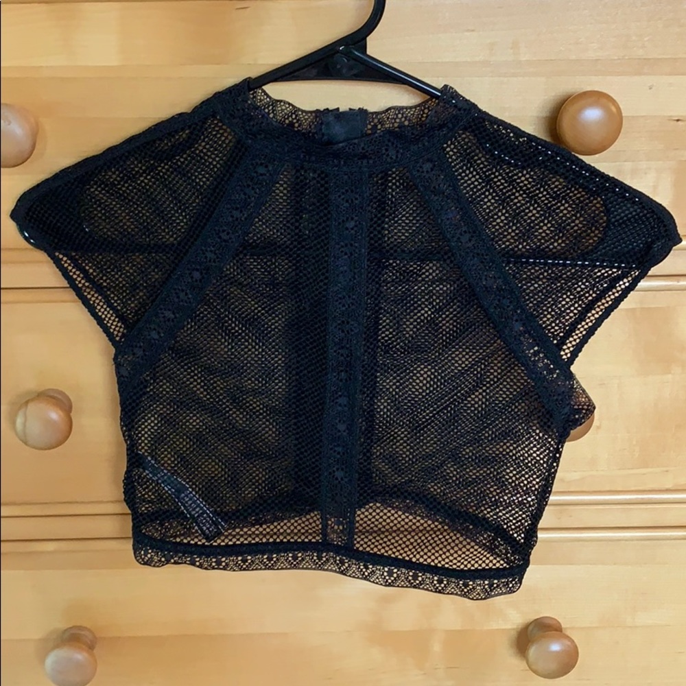 Mock Neck Lace and Mesh Crop Top